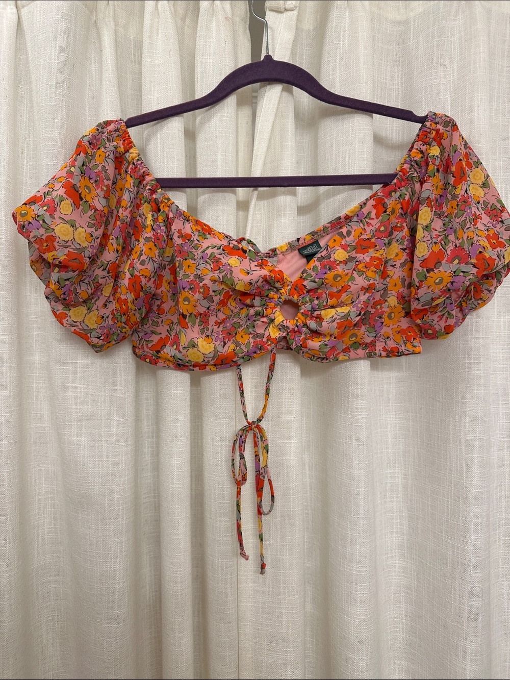 Pink Floral Off-Shoulder Tie-Front Crop Top